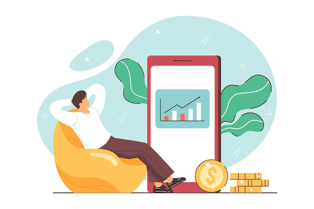 Ilustração de um homem relaxando em uma poltrona tipo puff, ao lado de um grande smartphone exibindo gráfico de crescimento, moedas e cédulas, simbolizando investimentos digitais.