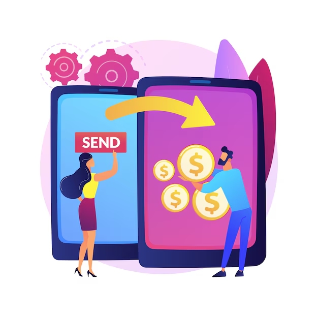 Ilustração de duas pessoas realizando uma transferência financeira digital, com moedas passando de um smartphone para outro, representando envio de dinheiro online.