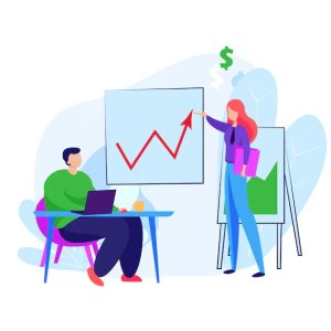 lustração de uma mulher apresentando um gráfico de crescimento com seta vermelha ascendente para um homem que trabalha em um laptop, simbolizando análise e planejamento financeiro.