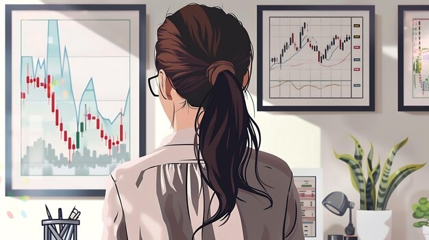 Ilustração de uma mulher de costas observando gráficos financeiros em quadros na parede, analisando tendências de mercado e investimentos.