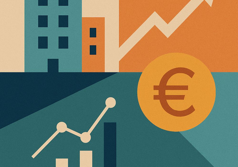 Ilustração digital abstrata em estilo geométrico, com prédios estilizados, moeda com símbolo do euro, gráficos de barras e linha, além de uma seta ascendente, simbolizando investimento e crescimento no mercado imobiliário francês.