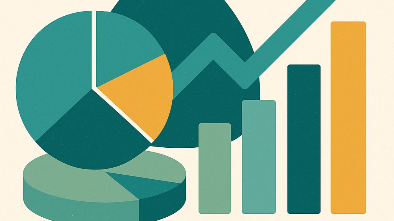 Ilustração digital em estilo flat mostrando um saco de dinheiro sobre gráficos de pizza, barras ascendentes, seta de crescimento e peça de quebra-cabeça, simbolizando criatividade e diversificação de investimentos