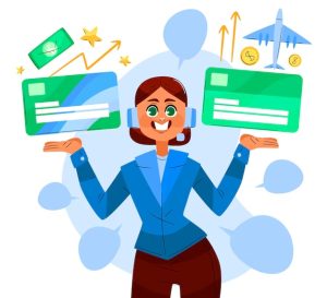 Smiling woman holding two credit cards, symbolizing travel rewards, money growth, and benefits.