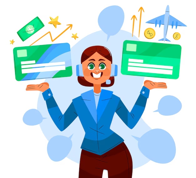 Smiling woman holding two credit cards, symbolizing travel rewards, money growth, and benefits.