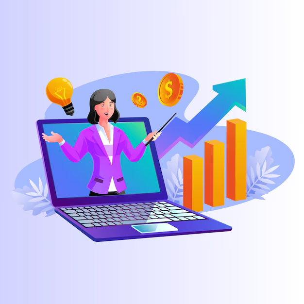 Illustration d’une femme présentant des idées financières depuis un ordinateur portable, avec des graphiques en croissance et des pièces de monnaie en arrière-plan.