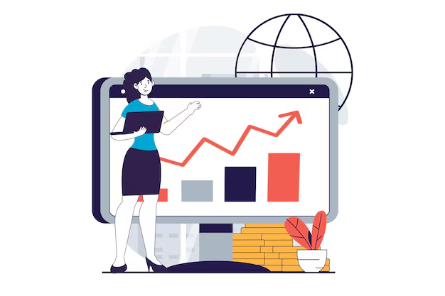 Illustration d’une femme analysant des graphiques financiers en hausse sur un grand écran, avec des pièces de monnaie et un globe terrestre symbolisant la finance mondiale.