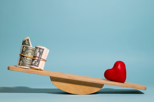 A wooden seesaw balancing between a roll of US dollar bills and a red heart on a blue background.