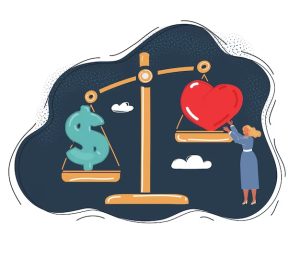 Illustration of a scale weighing a dollar sign on one side and a large red heart on the other, with a woman adjusting the heart.