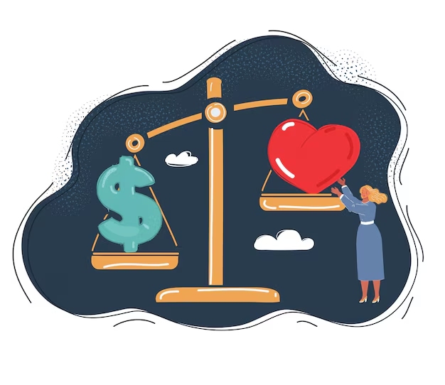 Illustration of a scale weighing a dollar sign on one side and a large red heart on the other, with a woman adjusting the heart.