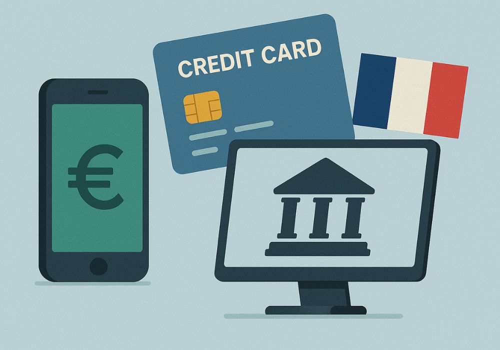 Ilustração digital em estilo flat mostrando um smartphone com símbolo do euro, um cartão de crédito azul, um monitor com ícone de banco e uma bandeira da França, todos dispostos de forma equilibrada em fundo azul claro