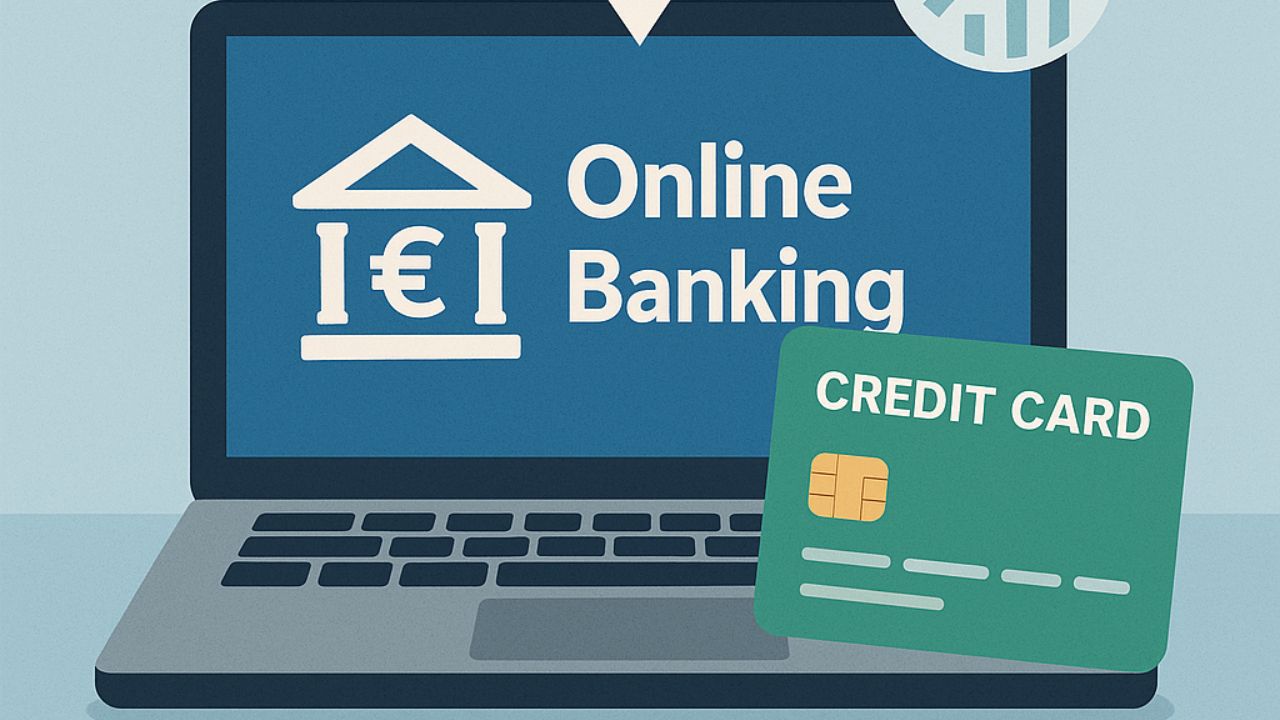 Cartão de crédito estilizado com ícones digitais de banco e smartphone em composição moderna.