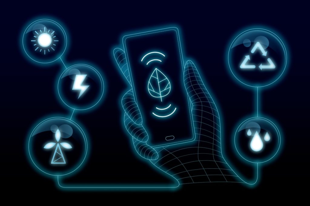Illustration technologique en style néon montrant une main en fil de fer tenant un smartphone avec une icône de feuille au centre de l’écran. Autour, des symboles lumineux représentent l’énergie solaire, l’électricité, l’éolien, le recyclage et l’eau, illustrant le concept d’applications numériques pour les technologies vertes et la durabilité.