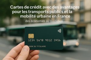 Une main tenant une carte de crédit verte devant un bus flou en mouvement dans une rue urbaine en France. Le texte en haut de l’image présente les avantages des cartes de crédit pour les transports publics et la mobilité urbaine, mettant en avant des économies quotidiennes. La scène illustre l’utilisation d’une carte de crédit moderne avec paiement sans contact pour faciliter les déplacements et optimiser les coûts.