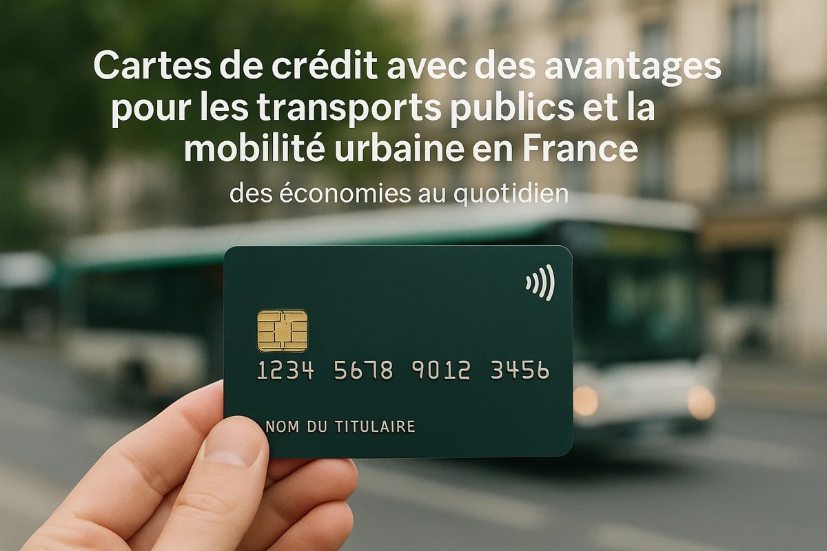 Une main tenant une carte de crédit verte devant un bus flou en mouvement dans une rue urbaine en France. Le texte en haut de l’image présente les avantages des cartes de crédit pour les transports publics et la mobilité urbaine, mettant en avant des économies quotidiennes. La scène illustre l’utilisation d’une carte de crédit moderne avec paiement sans contact pour faciliter les déplacements et optimiser les coûts.