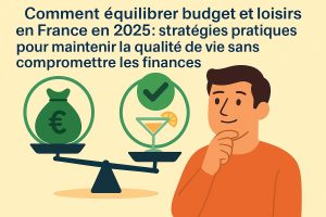 Illustration représentant un homme pensif en chemise orange observant une balance symbolique : d’un côté un sac d’argent avec le symbole de l’euro, de l’autre un verre à cocktail avec une coche verte, représentant l’équilibre entre finances et plaisir. Le texte au-dessus indique Comment équilibrer budget et loisirs en France en 2025 : stratégies pratiques pour maintenir la qualité de vie sans compromettre les finances.