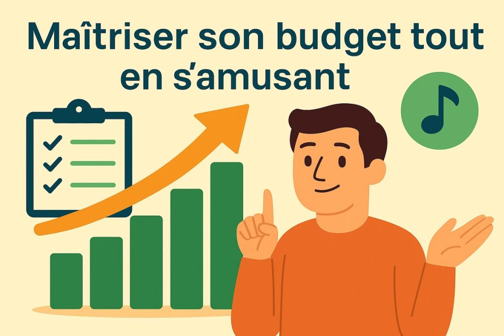 Illustration colorée montrant un homme souriant en chemise orange, levant le doigt comme pour donner un conseil financier. À côté de lui, un graphique vert à barres montantes avec une flèche orange symbolise la croissance du budget, accompagné d’une liste de contrôle et d’une icône de note de musique. L’image illustre l’idée de maîtriser son budget tout en s’amusant et d’apprendre à gérer ses finances de manière ludique.