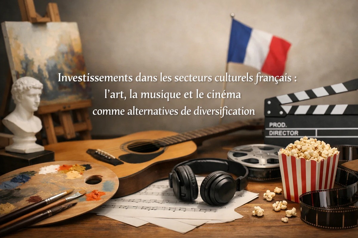 Scène représentant les secteurs culturels français avec une guitare, une palette de peinture, un clap de cinéma, un casque audio et un drapeau français, illustrant les Investissements dans l’art, la musique et le cinéma comme alternatives de diversification des Investissements culturels en France.