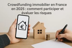 Une personne tient un smartphone affichant une icône de maison avec le symbole de l’euro, tandis qu’une autre main écrit sur une feuille blanche. À côté se trouvent une petite maison en bois et plusieurs piles de pièces de monnaie. L’arrière-plan neutre met en valeur les éléments qui illustrent le crowdfunding immobilier, les investissements participatifs et l’évaluation des risques liés aux projets financés par la foule.