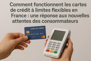 Deux mains tiennent une carte de crédit bleue et un terminal de paiement électronique, sous un texte expliquant le fonctionnement des cartes de crédit à limites flexibles en France. L’image illustre l’évolution des habitudes d’achat et les nouvelles attentes des consommateurs face à une utilisation plus moderne et adaptable d’une carte de crédit.