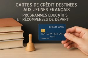 Une main tenant une carte de crédit bleue devant un tableau sombre, avec des livres empilés et un petit tampon en bois posés sur une table en bois. Le texte en arrière-plan présente des informations sur les cartes de crédit destinées aux jeunes Français, les programmes éducatifs et les récompenses de départ. L’image illustre les notions d’apprentissage financier et d’utilisation responsable d’une carte de crédit.