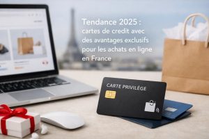Carte de crédit premium posée sur un bureau à côté d’un ordinateur portable affichant une boutique en ligne, d’un sac de shopping et d’un cadeau, illustrant la tendance 2025 des cartes de crédit offrant des avantages exclusifs pour les achats en ligne en France et l’évolution de l’utilisation de la carte de crédit dans le commerce numérique.
